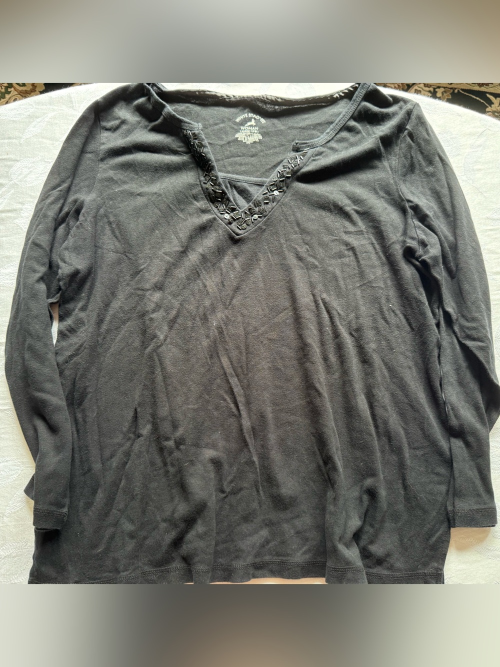 White Stag Tee Black V Neck with beaded trim